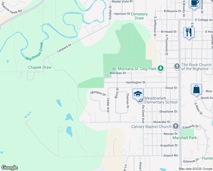 map of restaurants, bars, coffee shops, grocery stores, and more near 820-868 Cottonwood Avenue in Sheridan