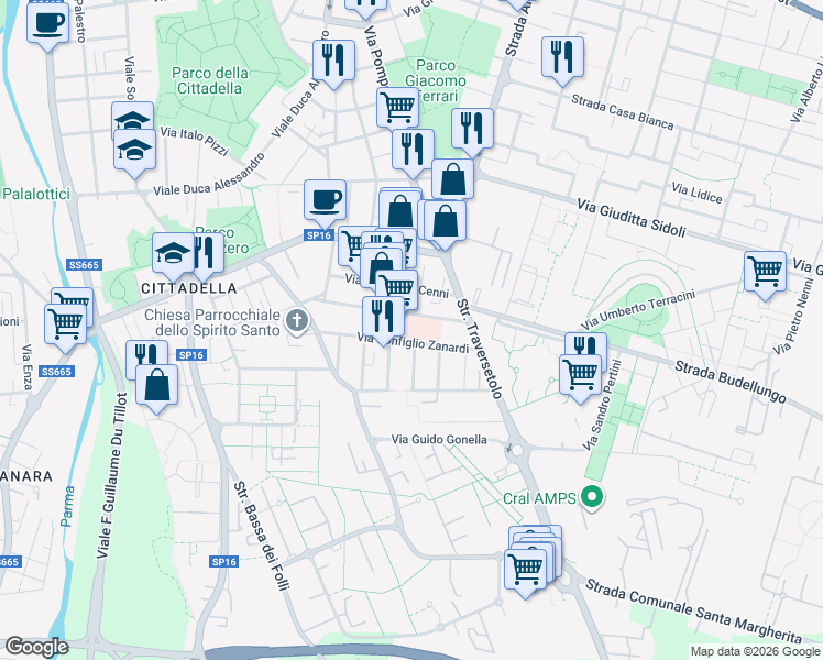 map of restaurants, bars, coffee shops, grocery stores, and more near 17 Via Giuseppe Rossi in Parma