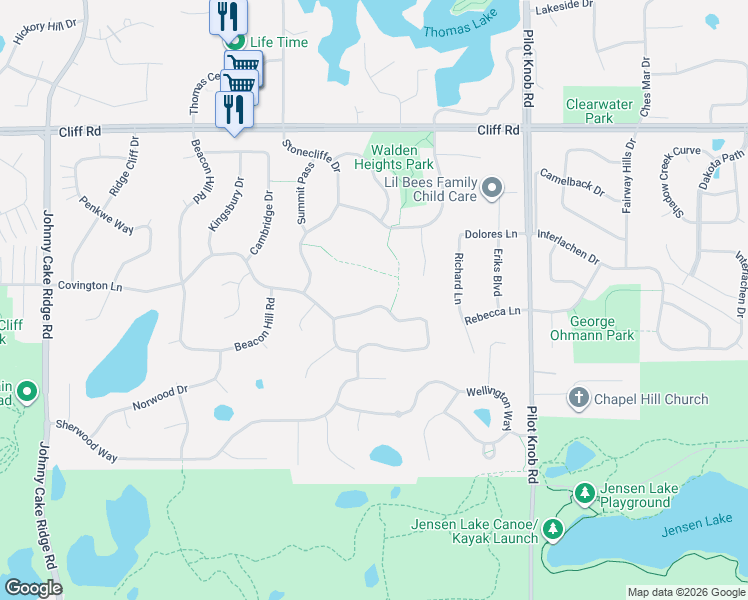 map of restaurants, bars, coffee shops, grocery stores, and more near 1494 Thomas Lane in Eagan