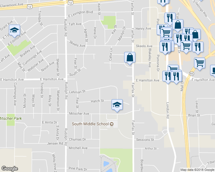 map of restaurants, bars, coffee shops, grocery stores, and more near 2040 Lehman Street in Eau Claire