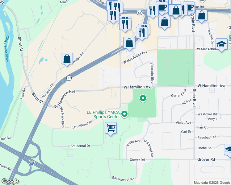 map of restaurants, bars, coffee shops, grocery stores, and more near 1188 West Hamilton Avenue in Eau Claire