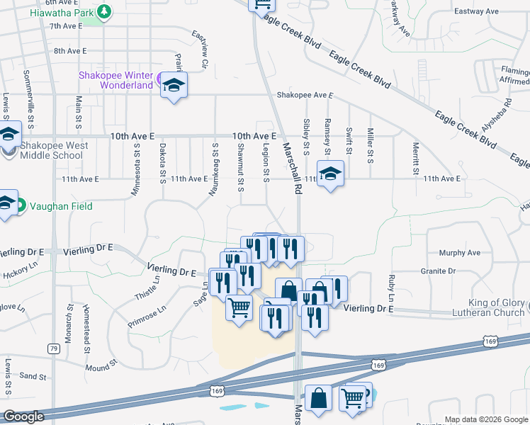 map of restaurants, bars, coffee shops, grocery stores, and more near 1113 Legion Street South in Shakopee