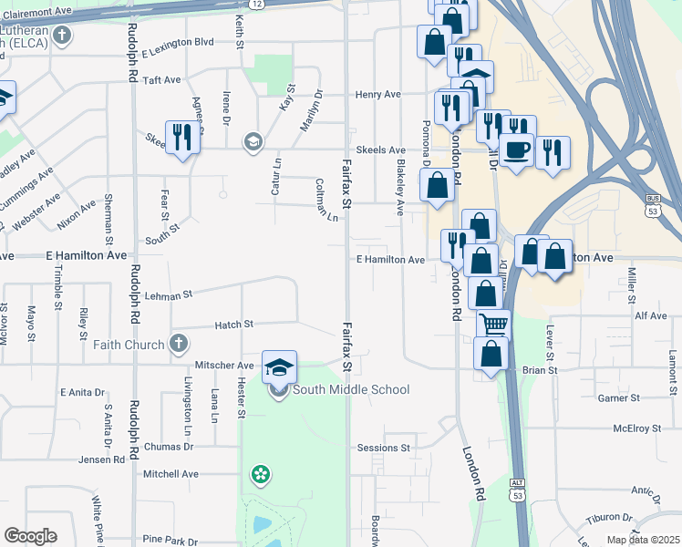 map of restaurants, bars, coffee shops, grocery stores, and more near 3318 Fairfax Street in Eau Claire