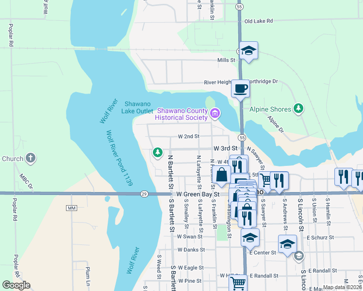 map of restaurants, bars, coffee shops, grocery stores, and more near 412 North Bartlett Street in Shawano