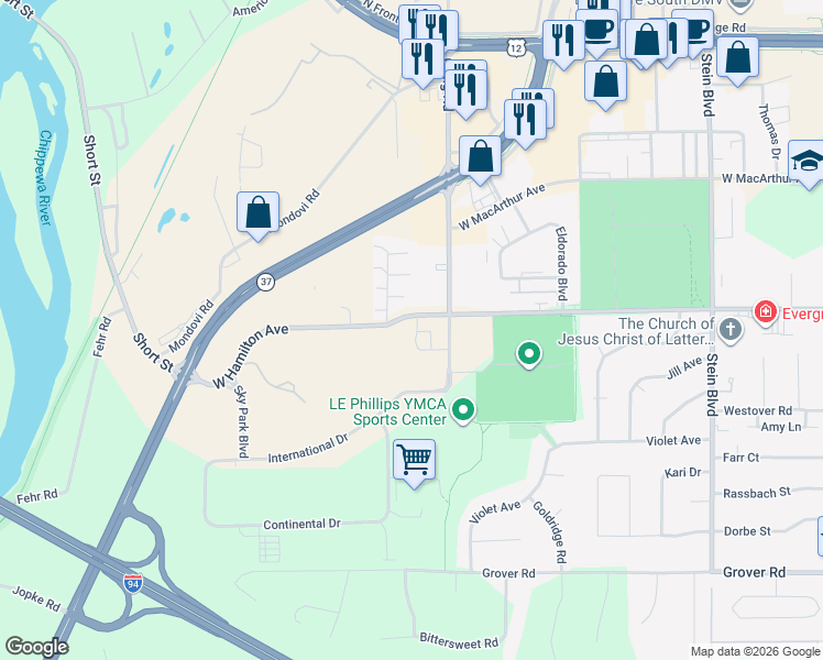 map of restaurants, bars, coffee shops, grocery stores, and more near 3213 Hidden Place in Eau Claire