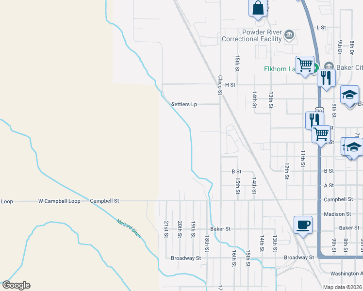 map of restaurants, bars, coffee shops, grocery stores, and more near 3950 17th Street in Baker City