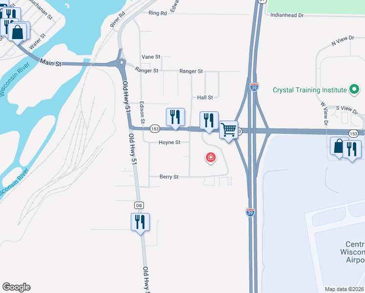 map of restaurants, bars, coffee shops, grocery stores, and more near 555 Hoyne Street in Mosinee