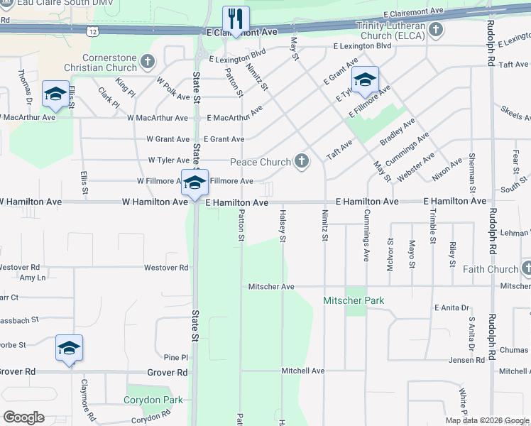 map of restaurants, bars, coffee shops, grocery stores, and more near 403 East Hamilton Avenue in Eau Claire