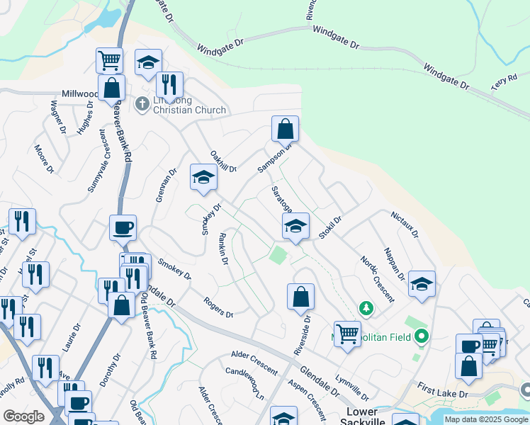 map of restaurants, bars, coffee shops, grocery stores, and more near 38 Spinner Crescent in Lower Sackville