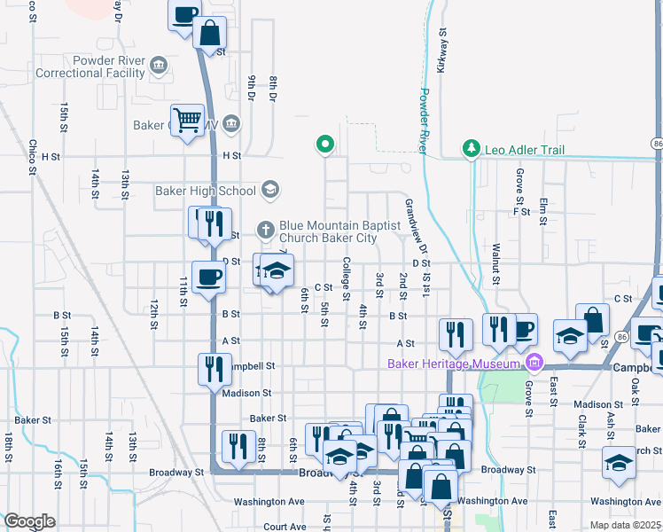 map of restaurants, bars, coffee shops, grocery stores, and more near 2350D D Street in Baker City