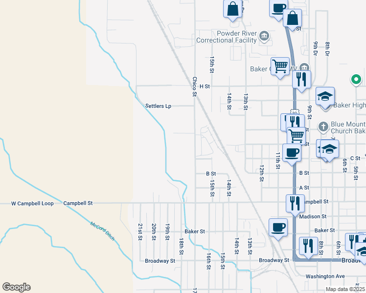 map of restaurants, bars, coffee shops, grocery stores, and more near 2895 17th Street in Baker City