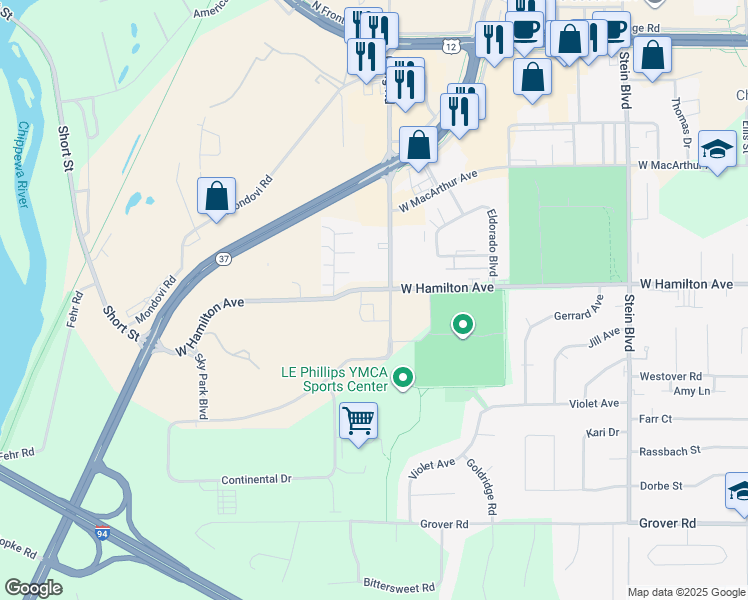 map of restaurants, bars, coffee shops, grocery stores, and more near 1188 West Hamilton Avenue in Eau Claire