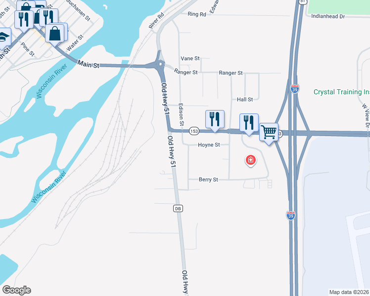 map of restaurants, bars, coffee shops, grocery stores, and more near 471 Super Street in Mosinee