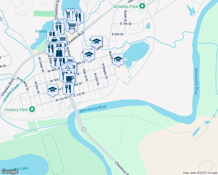 map of restaurants, bars, coffee shops, grocery stores, and more near 420 East 1st Street in Chaska