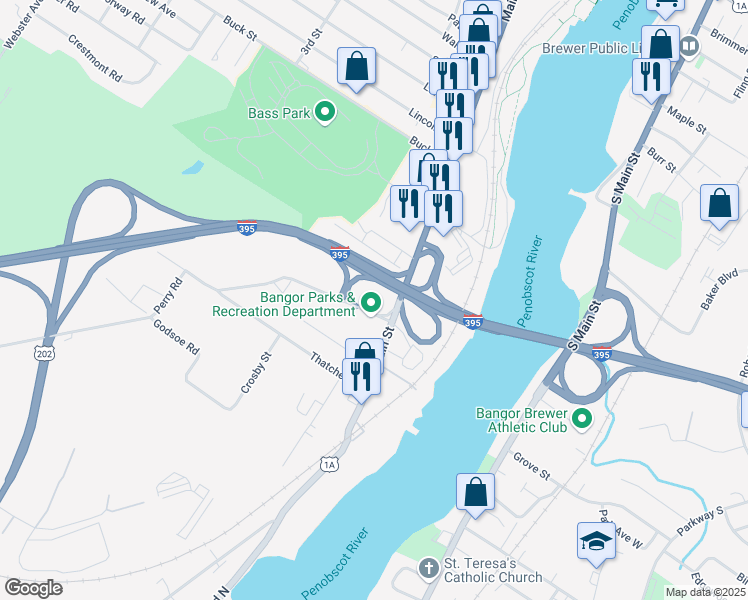 map of restaurants, bars, coffee shops, grocery stores, and more near 629 Main Street in Bangor