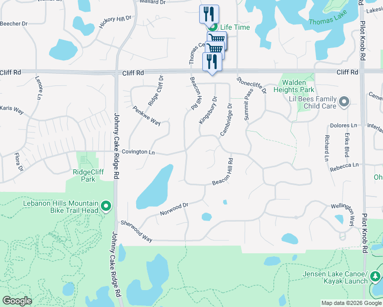 map of restaurants, bars, coffee shops, grocery stores, and more near 4702 Beacon Hill Road in Eagan