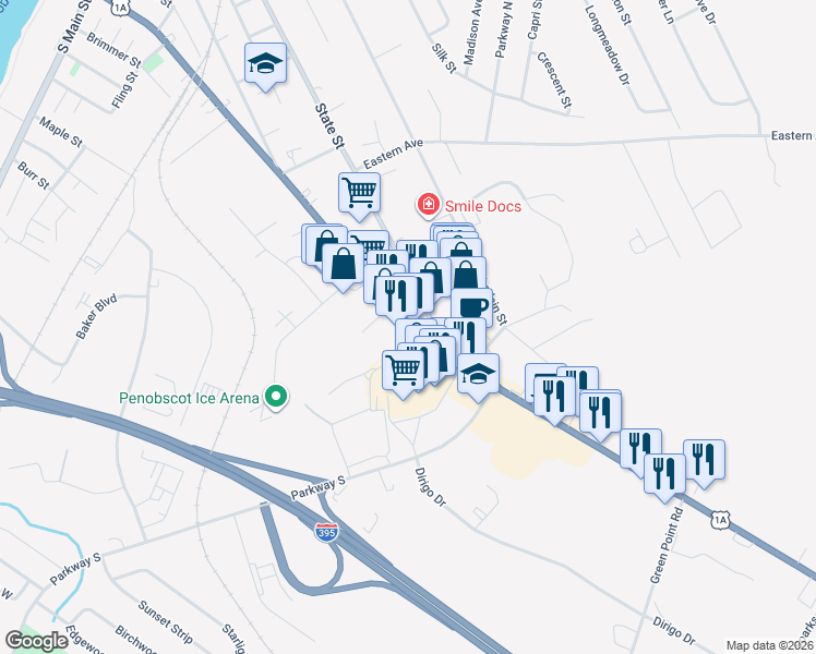 map of restaurants, bars, coffee shops, grocery stores, and more near 373 U.S. 1A in Brewer