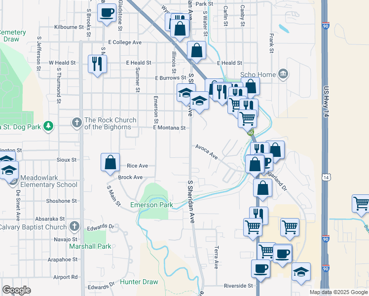 map of restaurants, bars, coffee shops, grocery stores, and more near 1261 South Sheridan Avenue in Sheridan