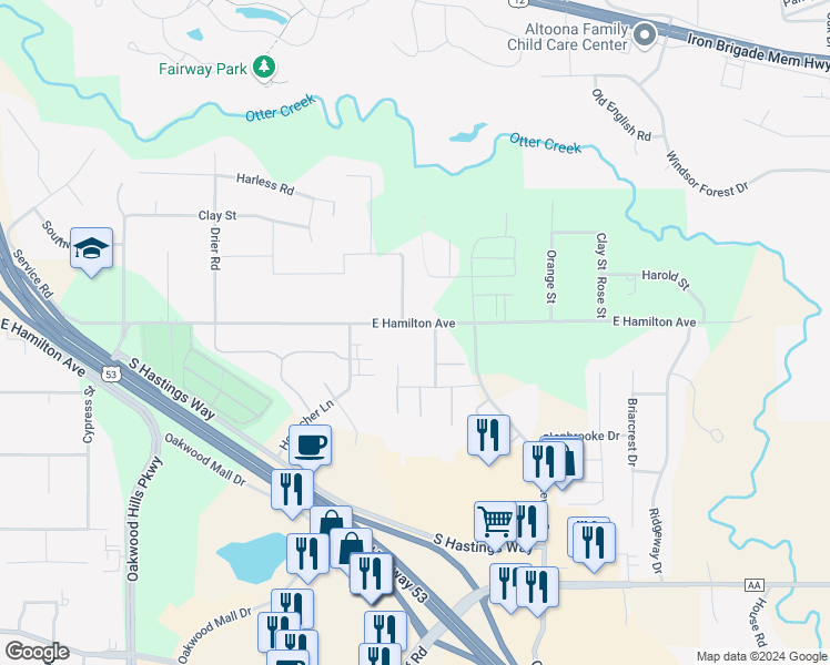 map of restaurants, bars, coffee shops, grocery stores, and more near 4649 East Hamilton Avenue in Eau Claire