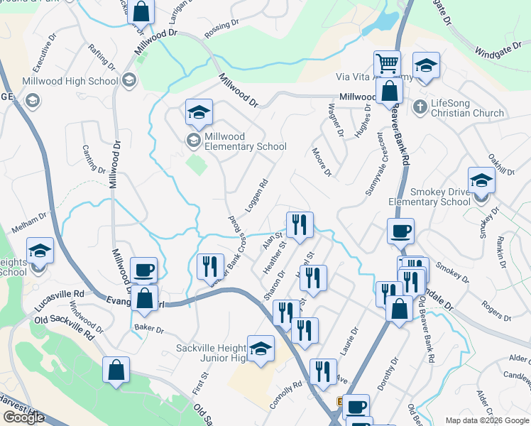 map of restaurants, bars, coffee shops, grocery stores, and more near 26 Gantry Road in Middle Sackville