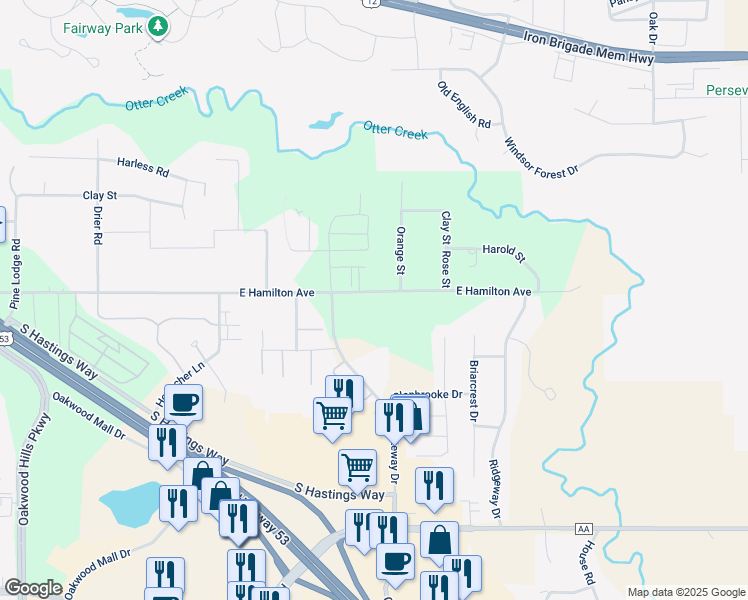 map of restaurants, bars, coffee shops, grocery stores, and more near 5117 East Hamilton Avenue in Eau Claire