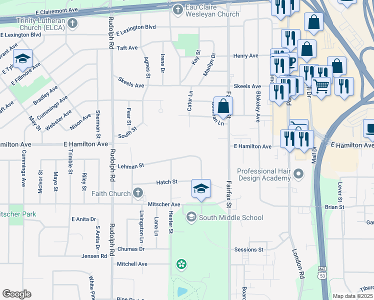 map of restaurants, bars, coffee shops, grocery stores, and more near 2040 Lehman Street in Eau Claire