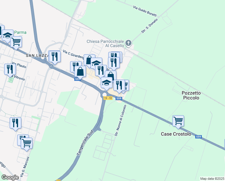 map of restaurants, bars, coffee shops, grocery stores, and more near 66 Via Emilio Lepido in Parma