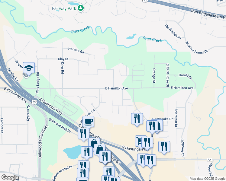 map of restaurants, bars, coffee shops, grocery stores, and more near 4649 East Hamilton Avenue in Eau Claire
