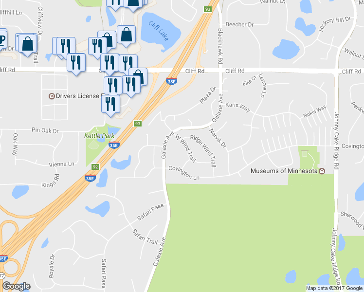 map of restaurants, bars, coffee shops, grocery stores, and more near 4721 West Wind Trail in Eagan