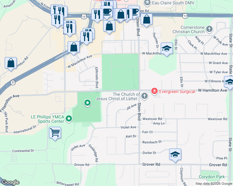 map of restaurants, bars, coffee shops, grocery stores, and more near 917 West Hamilton Avenue in Eau Claire