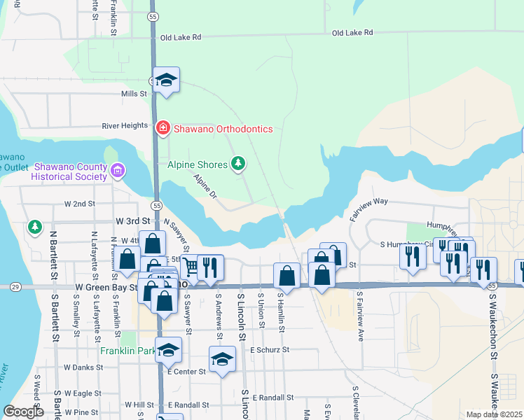 map of restaurants, bars, coffee shops, grocery stores, and more near 300 Alpine Drive in Shawano