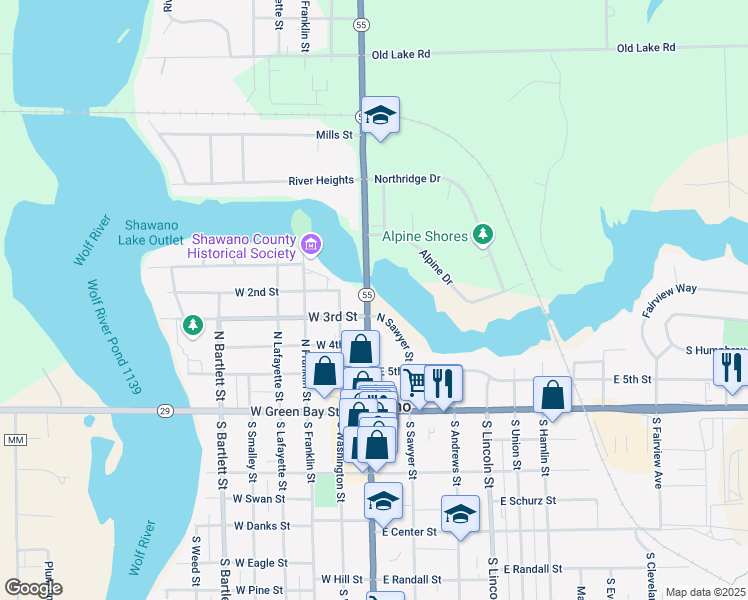map of restaurants, bars, coffee shops, grocery stores, and more near 414 North Main Street in Shawano
