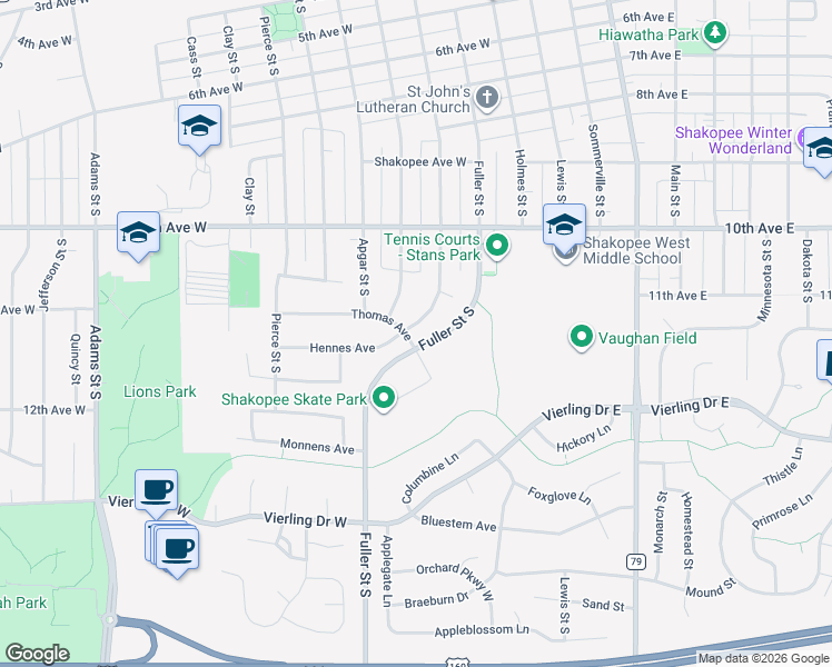 map of restaurants, bars, coffee shops, grocery stores, and more near 1149 Atwood Street South in Shakopee