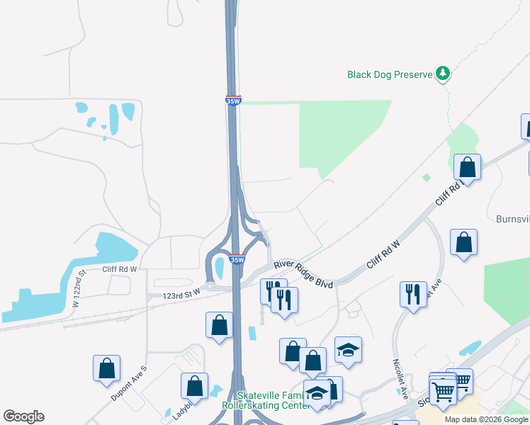 map of restaurants, bars, coffee shops, grocery stores, and more near 600 West 121st Street in Burnsville