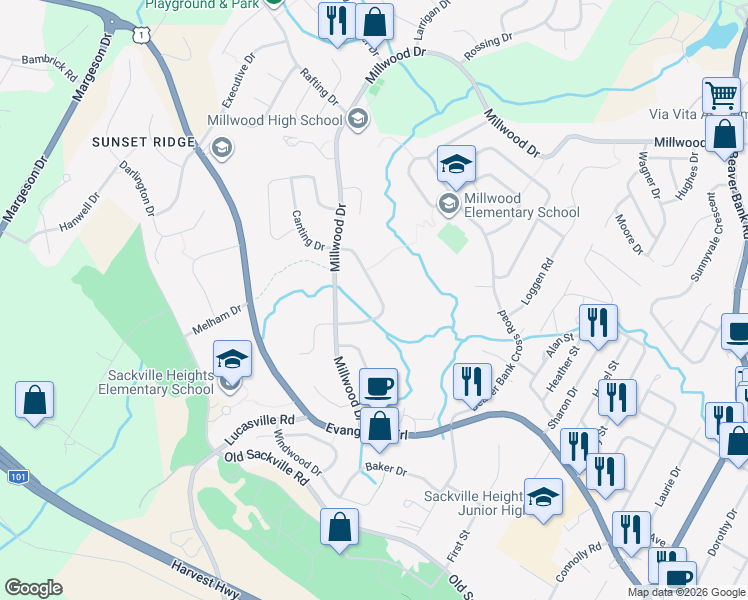 map of restaurants, bars, coffee shops, grocery stores, and more near 58 Highrigger Crescent in Middle Sackville