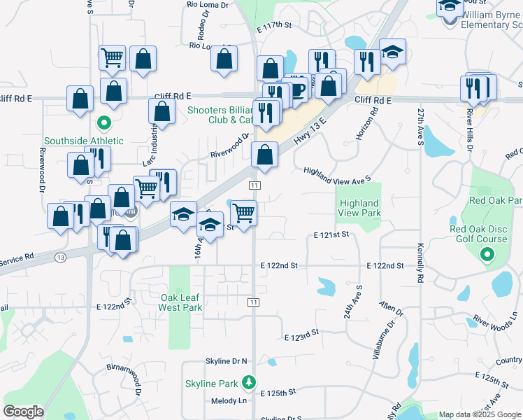 map of restaurants, bars, coffee shops, grocery stores, and more near 33 Horizon Heights Road in Burnsville
