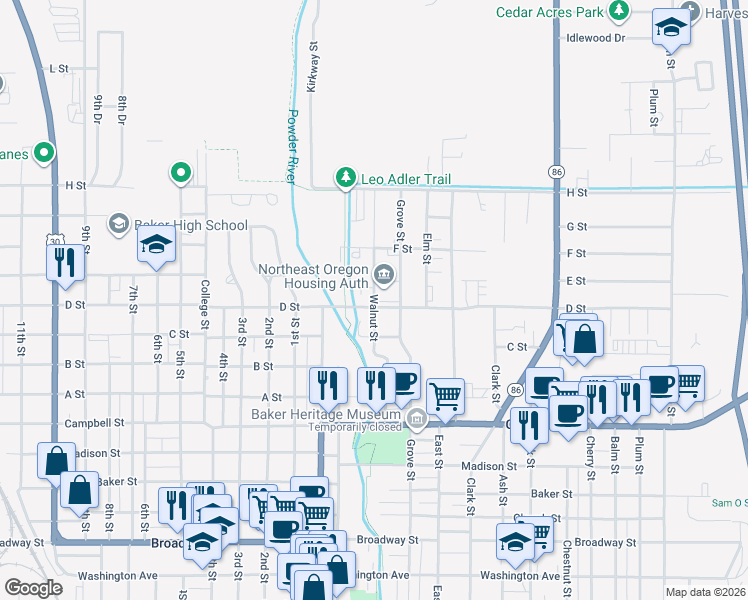 map of restaurants, bars, coffee shops, grocery stores, and more near 2935 Walnut Street in Baker City