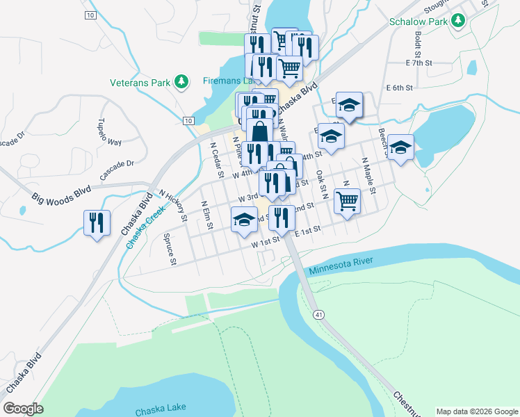 map of restaurants, bars, coffee shops, grocery stores, and more near 208 North Pine Street in Chaska