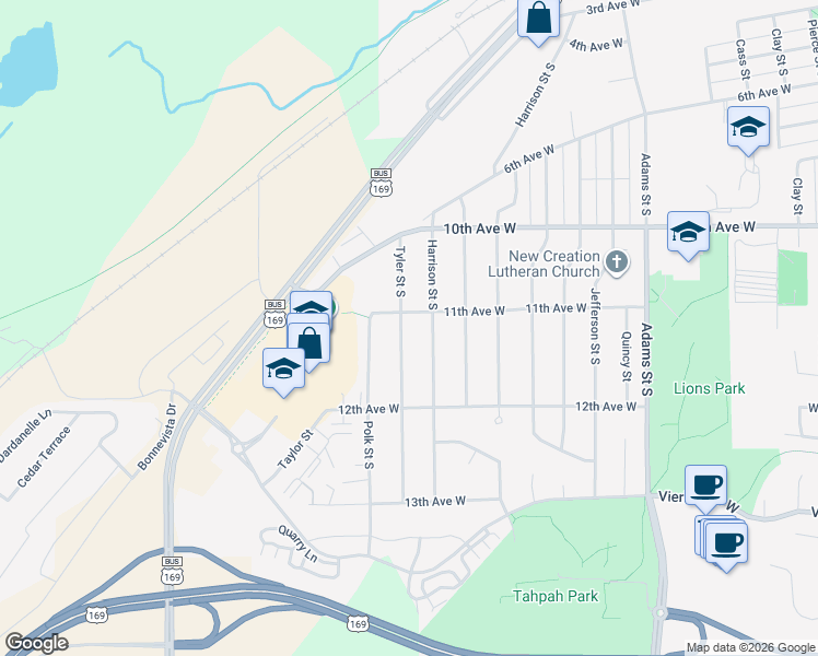 map of restaurants, bars, coffee shops, grocery stores, and more near 1127 Tyler Street South in Shakopee
