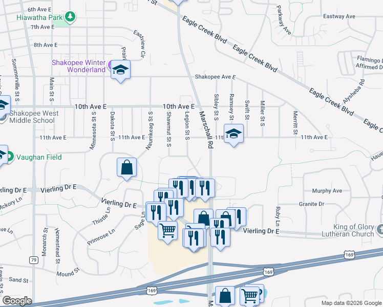 map of restaurants, bars, coffee shops, grocery stores, and more near 1113 Legion Street South in Shakopee