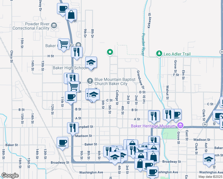 map of restaurants, bars, coffee shops, grocery stores, and more near 2350D D Street in Baker City