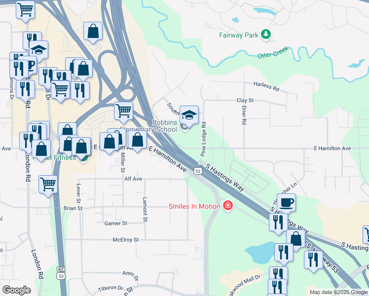map of restaurants, bars, coffee shops, grocery stores, and more near 3832 East Hamilton Avenue in Eau Claire
