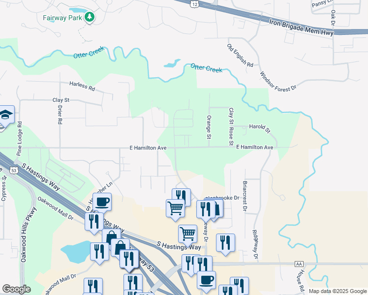 map of restaurants, bars, coffee shops, grocery stores, and more near 5117-5199 E Hamilton Ave in Eau Claire