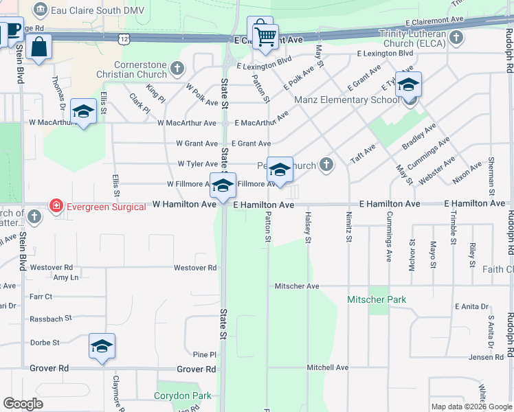 map of restaurants, bars, coffee shops, grocery stores, and more near 215 East Hamilton Avenue in Eau Claire