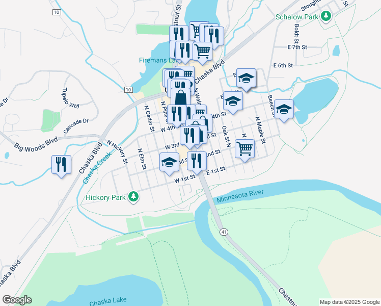map of restaurants, bars, coffee shops, grocery stores, and more near 208 North Pine Street in Chaska