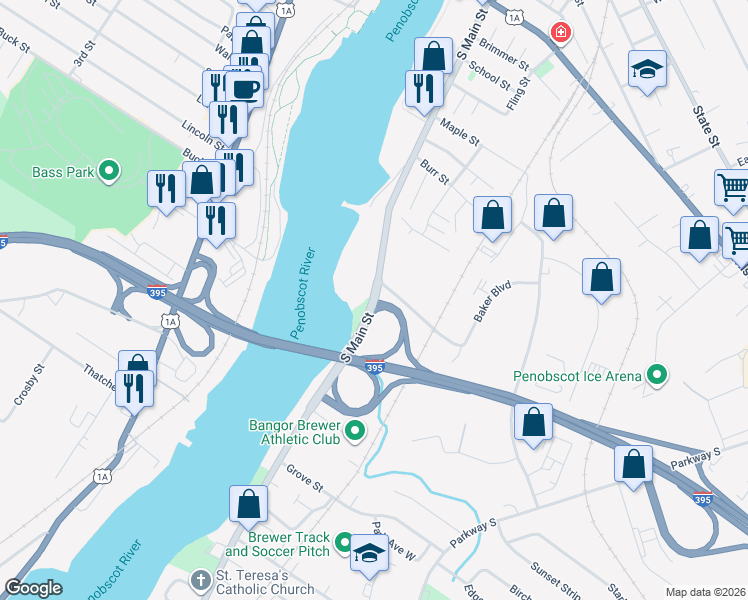 map of restaurants, bars, coffee shops, grocery stores, and more near 88 East West Industrial Park in Brewer