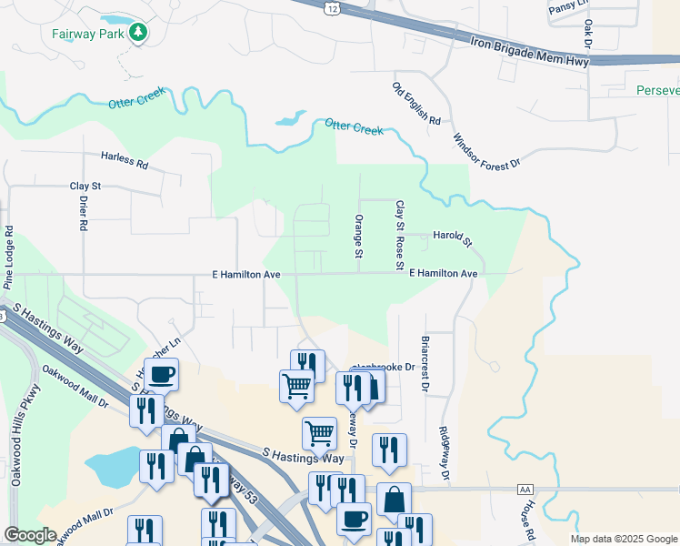 map of restaurants, bars, coffee shops, grocery stores, and more near 5117 East Hamilton Avenue in Eau Claire