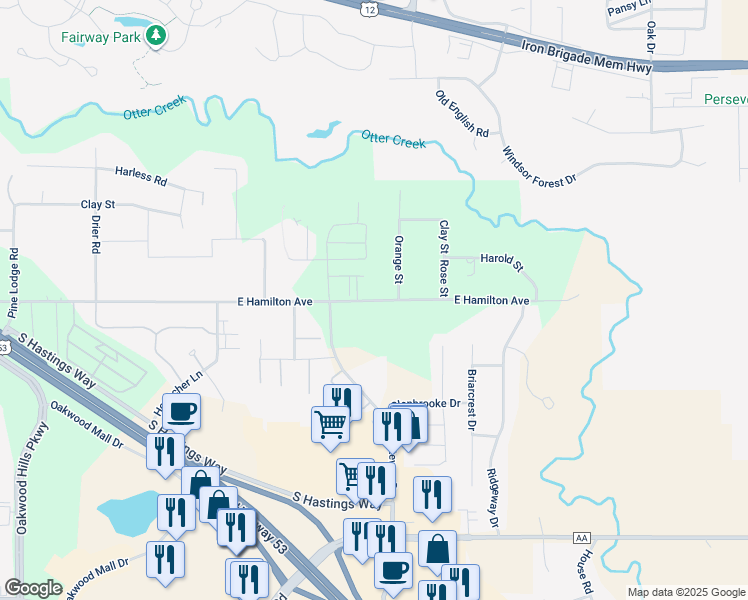 map of restaurants, bars, coffee shops, grocery stores, and more near 5117 East Hamilton Avenue in Eau Claire