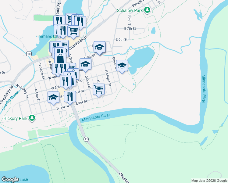 map of restaurants, bars, coffee shops, grocery stores, and more near 104 North Maple Street in Chaska