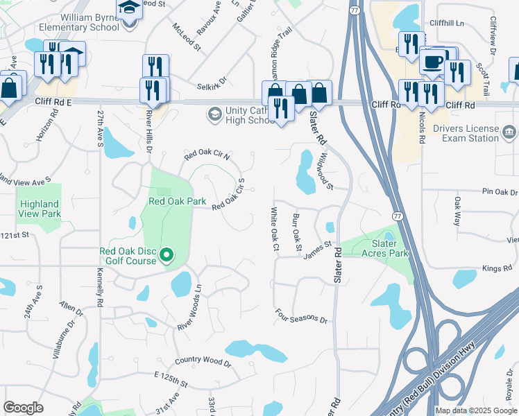 map of restaurants, bars, coffee shops, grocery stores, and more near 12124 Red Oak Court North in Burnsville